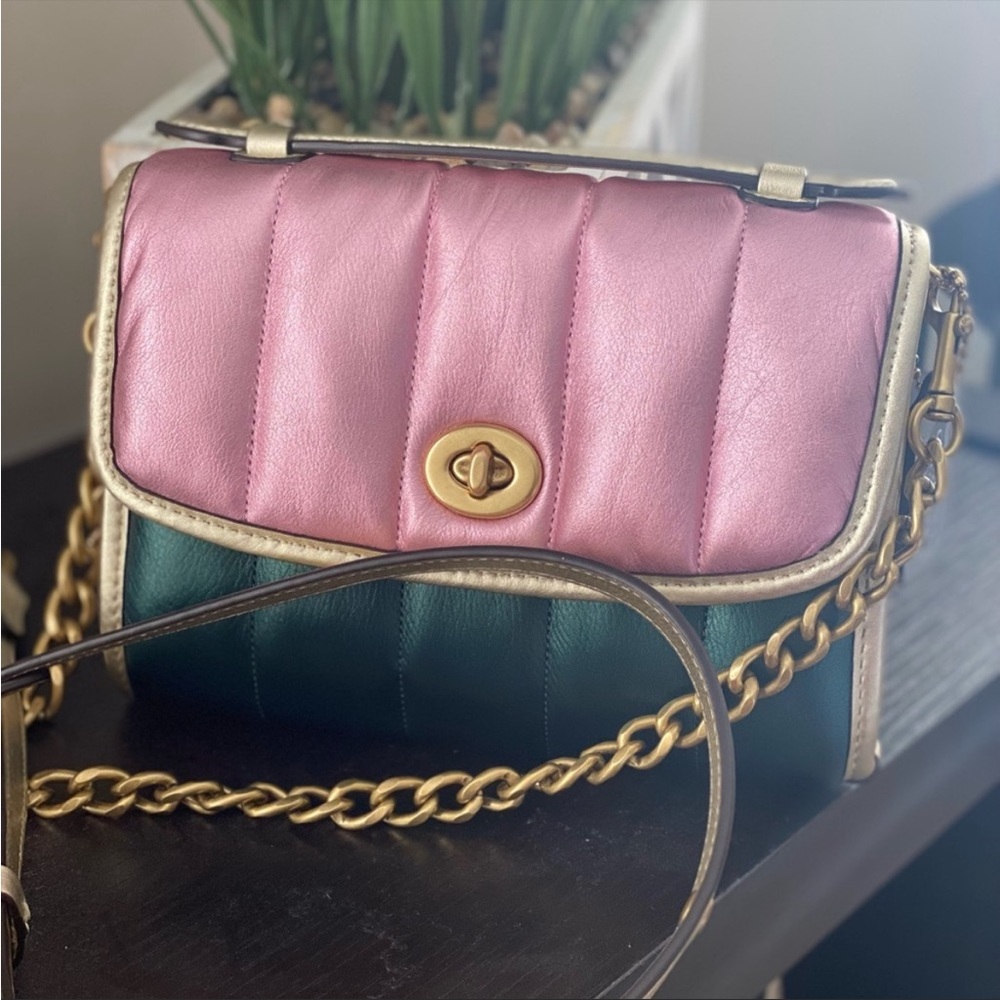 Beautiful Pink and Green Coach Crossbody mini bag.